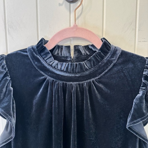 NWT Evereve Allison Joy Ellie Ruffle Velour Top Navy XS - Picture 3 of 6